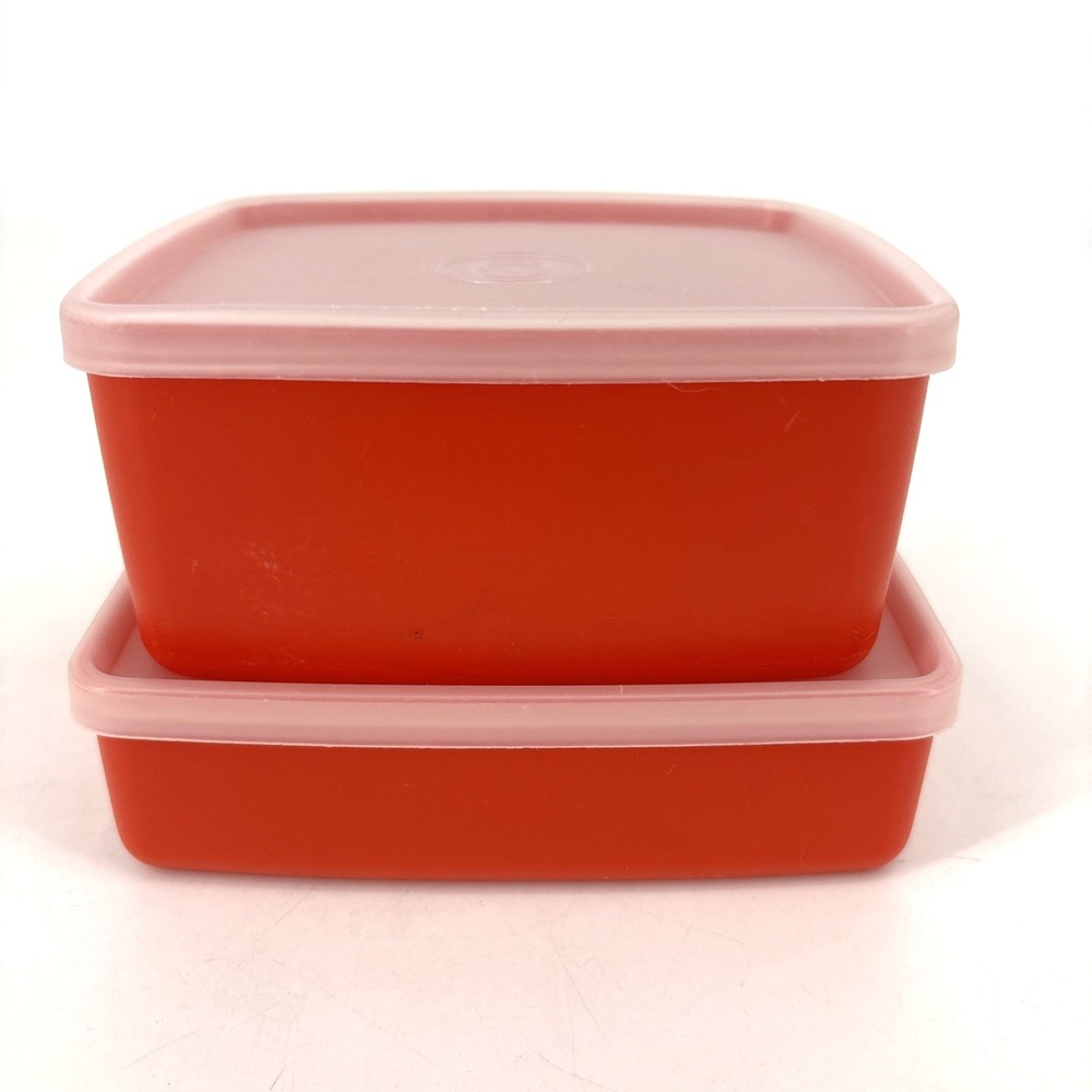 Lot of 2 Vintage Tupperware Red Orange Storage Containers 311-78 & 670-32 Square